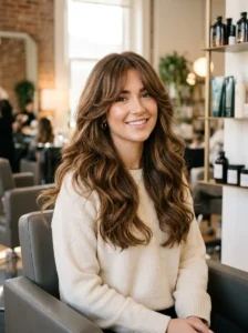 Woman with thick layered hairstyle and soft waves