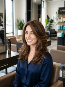 Layered medium hairstyle for thick hair with soft volume and movement.