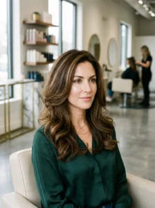 Airy volume blowout hairstyle with bouncy medium-length hair.