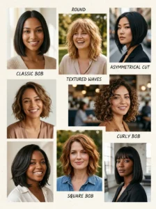 Different bob haircut variations for round, oval, square, and heart-shaped faces.