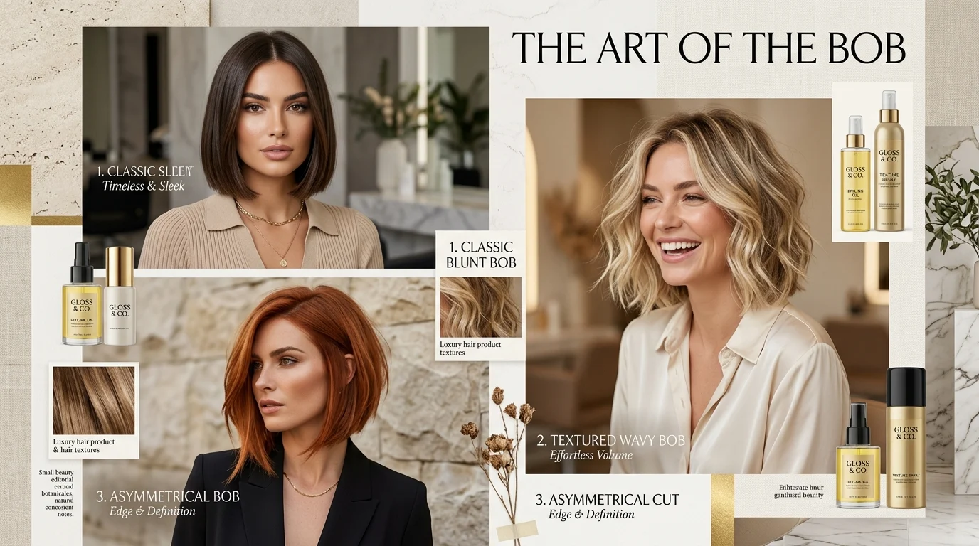 Women showcasing classic, textured, and asymmetrical bob haircut variations in 2025.