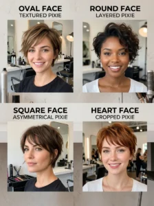 Different pixie cut styles customized for various face shapes including oval and round faces.