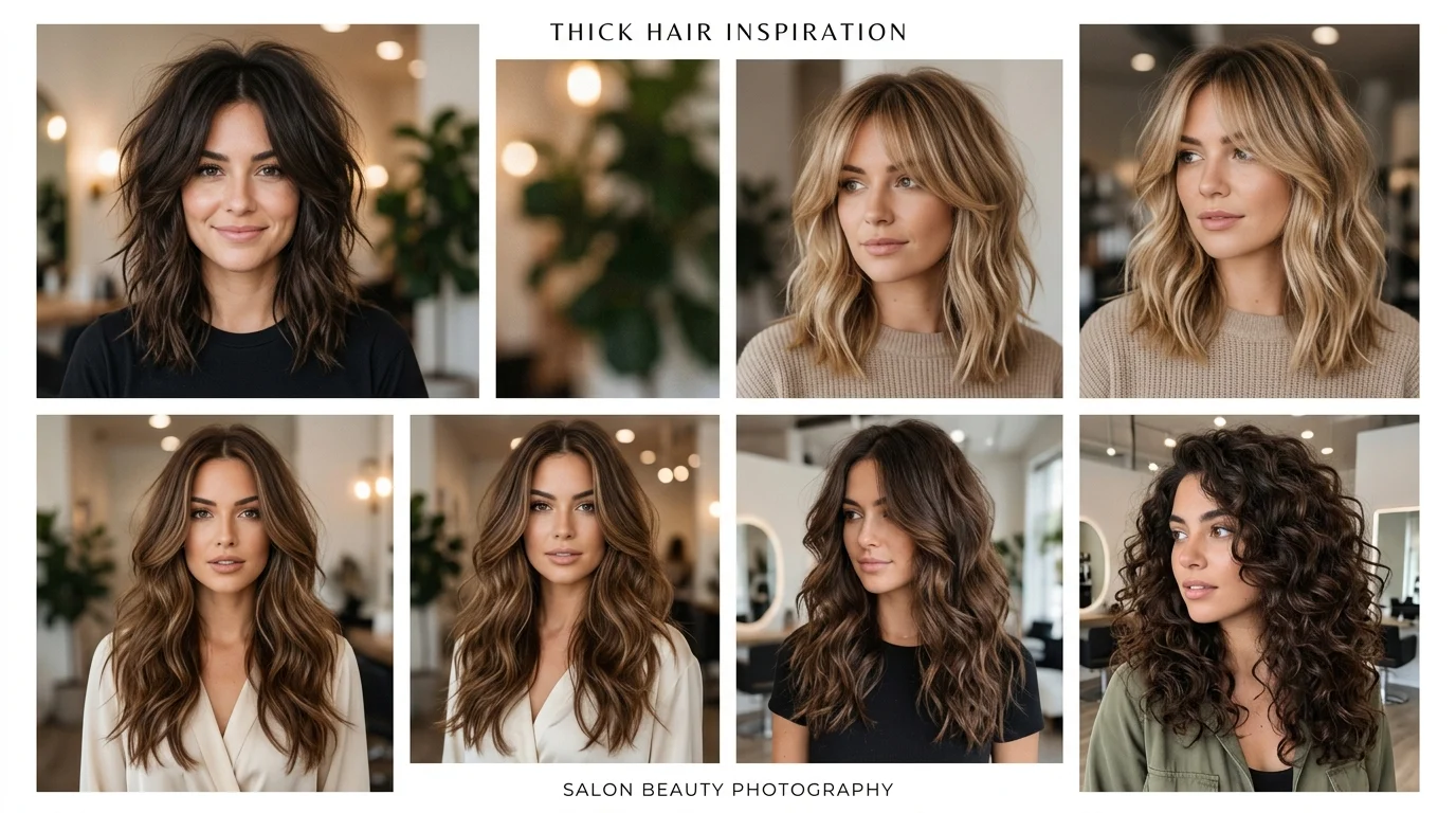 Thick hair hairstyles collage with layered cuts and soft volume control