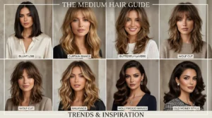 Women with trendy medium-length hairstyles including layered cuts, lobs, curtain bangs, and soft waves.