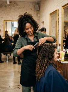 Curly hair specialist creating long layered haircut