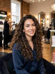 Long curly haircut with internal layers