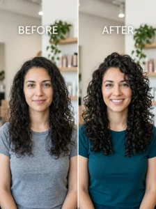 Long layered curly hair showing shape changes over time