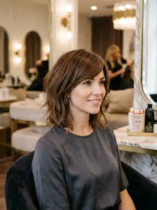 Razor cut bob with side-swept bangs