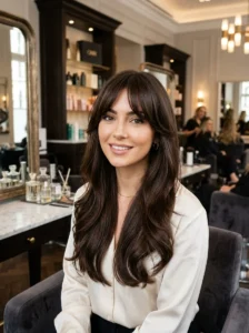 Deep brunette hair with curtain bangs