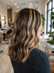 Thick chunky highlights creating visible contrast in brunette hair
