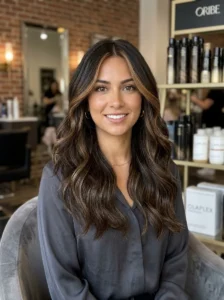 Deep brunette hair with caramel money piece