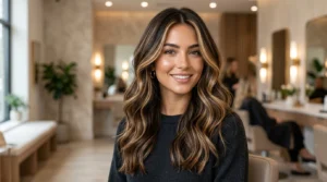 Modern chunky highlights with caramel and blonde face-framing pieces on brunette hair
