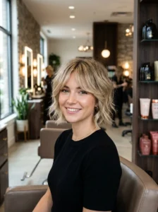 Short choppy shag haircut with curtain bangs