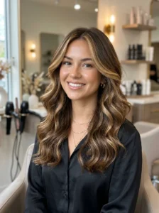 Finished modern chunky highlights with caramel and honey blonde tones