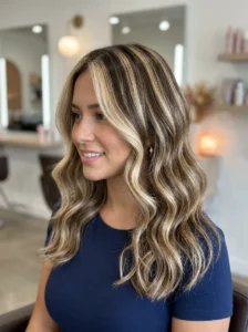 Modern chunky highlights with dimensional blonde and brunette tones