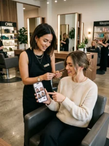 Salon consultation for a short shag haircut