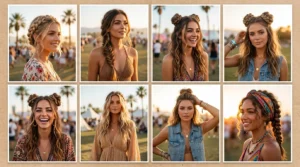 Coachella hairstyles featuring braids, space buns and loose festival waves