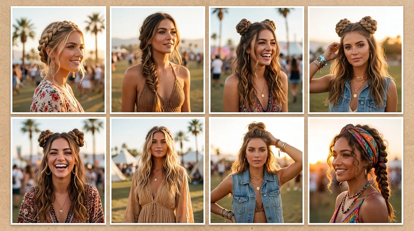 Coachella hairstyles featuring braids, space buns and loose festival waves