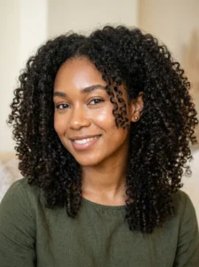 Naturally healthy curly hair with defined hydrated curl patterns