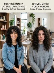 Comparison between a polished curly shag haircut and an uneven layered cut