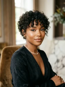Sculptural curly pixie haircut