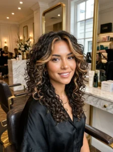 Curly shag haircut with money piece highlights