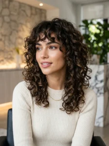 Curly shag haircut with curtain bangs