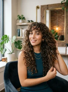 Long curly shag haircut with layered texture