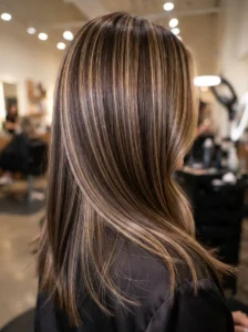 Fine streaky highlights on brunette hair