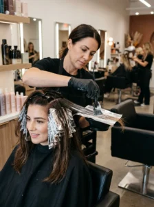 Hair colorist applying chunky highlights with foils