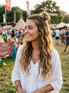 Half-up braided top knot with loose wavy hair