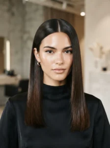 Pin-straight hairstyle with center part