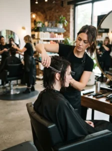 Professional stylist creating a unique short haircut