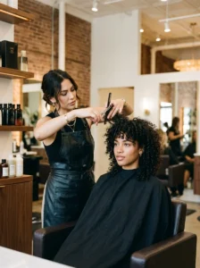 Curly wolf cut hairstyle in a salon