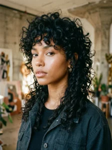 Curly mullet shag haircut with bold layers