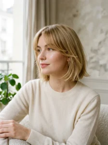 Razor cut bob with curtain bangs