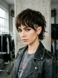 Short shag haircut with bangs and undercut