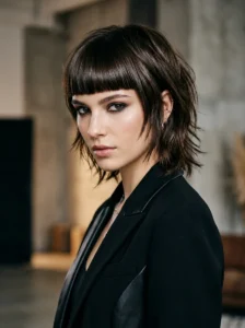 Short shag haircut with blunt bangs