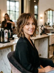 Short shag haircut with money piece bangs