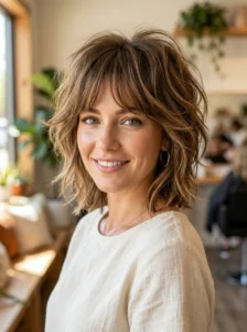 Voluminous crown shag haircut with bangs