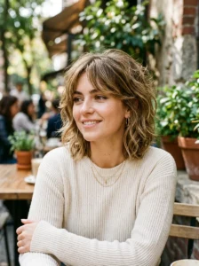 Short shag haircut with grown-out bangs