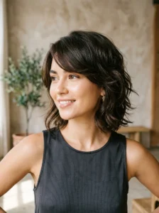 Short shag haircut with side-swept bangs