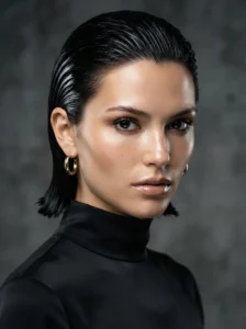 Overly gelled slicked-back hairstyle