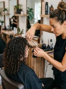 Professional trim removing split ends from curly hair