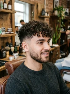Men's curly fringe haircut