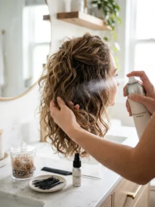 Preparing hair with texturizing spray for a long-lasting braided hairstyle