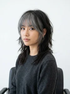 Ash gray bangs paired with a wolf cut.