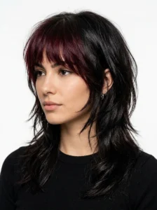 Wolf cut hairstyle with rich burgundy bangs.