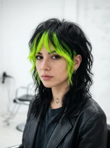 Layered wolf cut with bold neon green bangs.