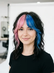 Split-color bangs on a trendy wolf cut.